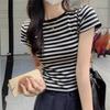 GMXIA Color Contrast Striped Short-sleeved T-shirt Women's Spring and Summer Design Sense Niche Slimming Short Shoulder T-shirt Base Top
