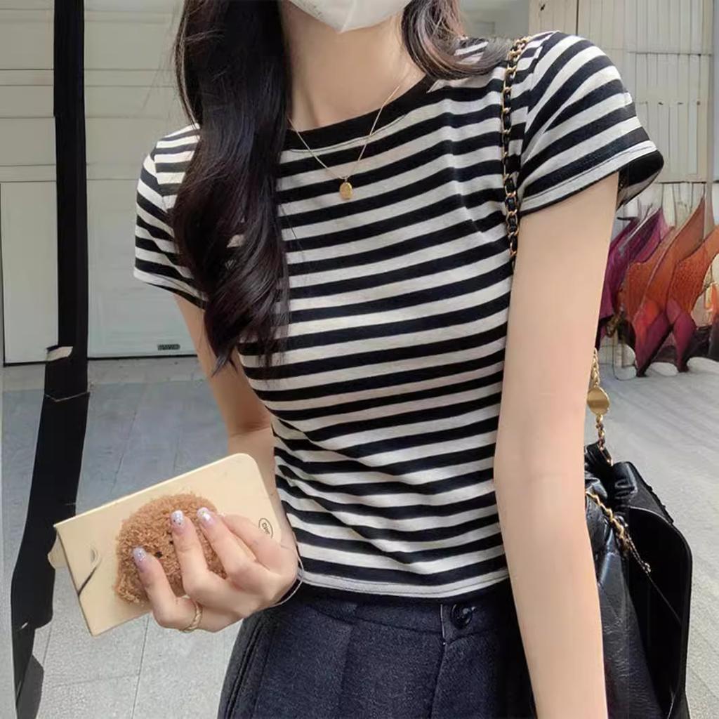 GMXIA Color Contrast Striped Short-sleeved T-shirt Women's Spring and Summer Design Sense Niche Slimming Short Shoulder T-shirt Base Top