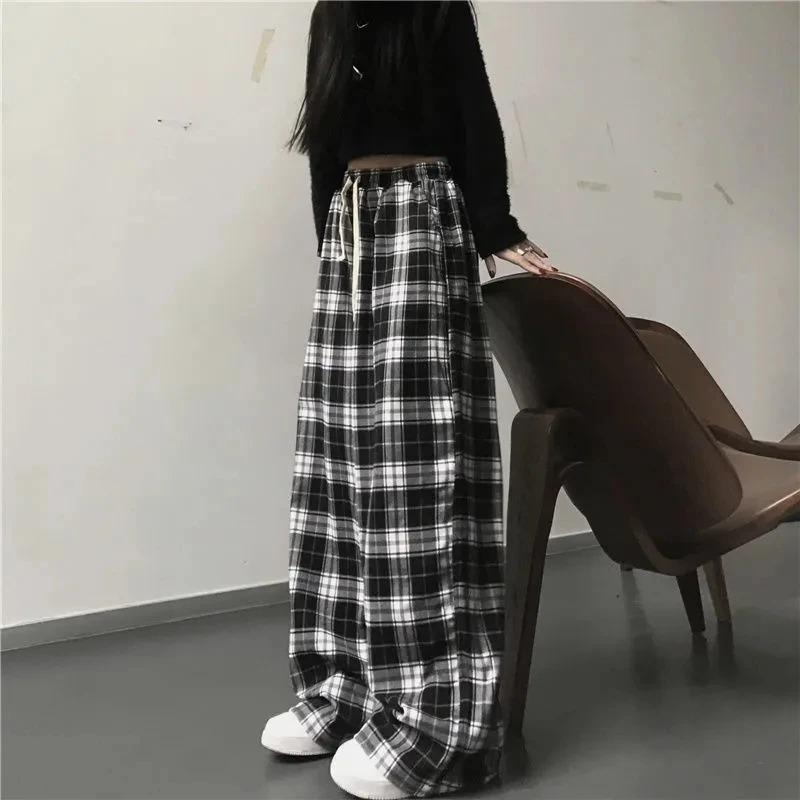 Black and White Plaid Pants Oversize New Women Casual Loose Wide Leg Trousers Ins Retro Teen Straight Trousers Hiphop Streetwear