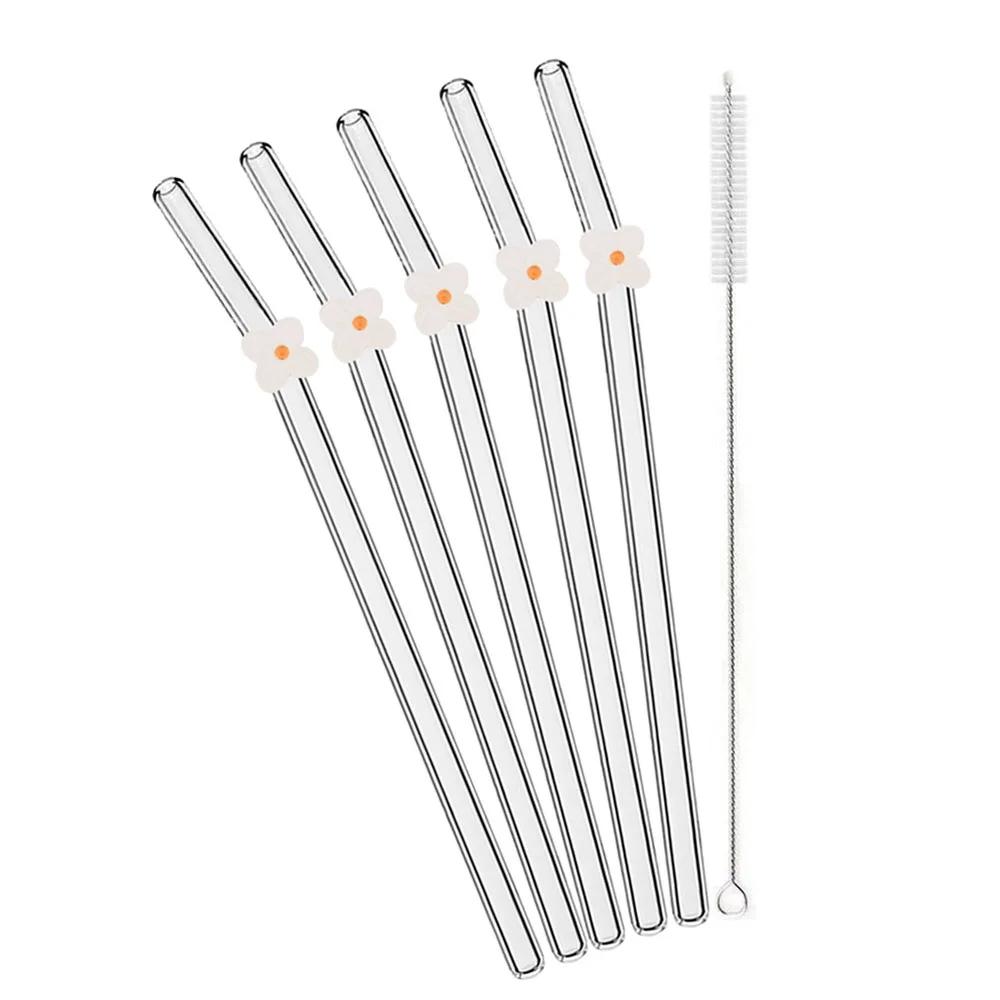 6Pcs Drinking Straw with Brush Set High Borosilicate Glass Flower Bent Straws Set Milk Coffee Shake Cocktail Straw Bar Drinkware