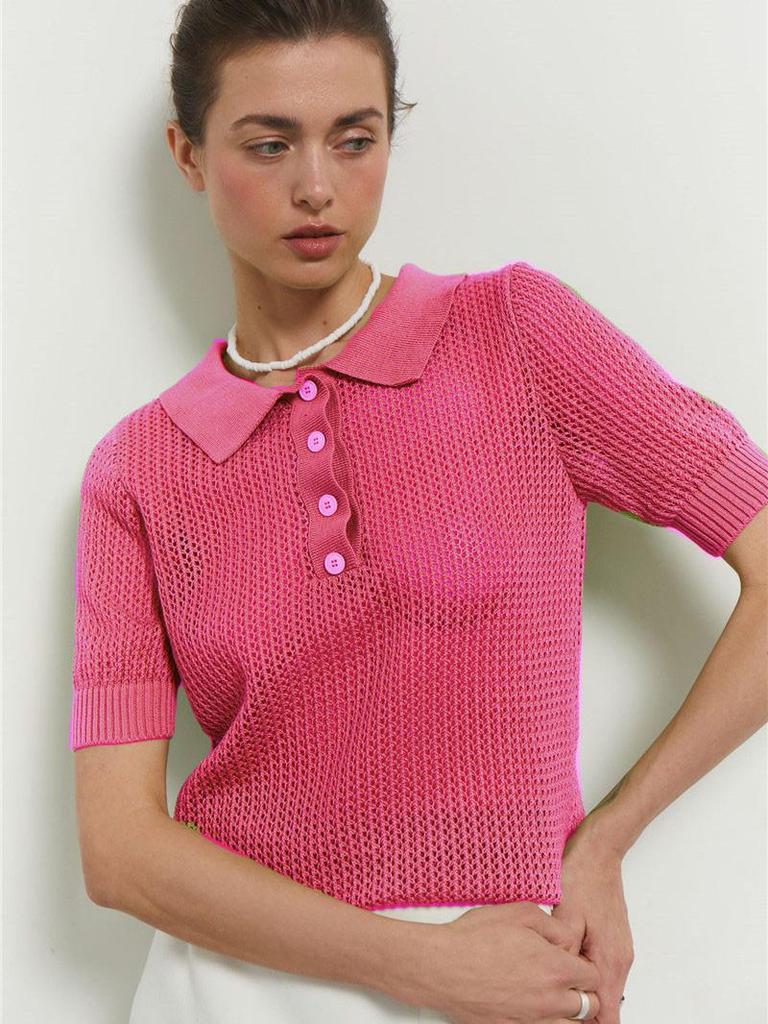 Women's 2025 Summer See-Through Short-Sleeve Knitted Top with Turn-Down Collar