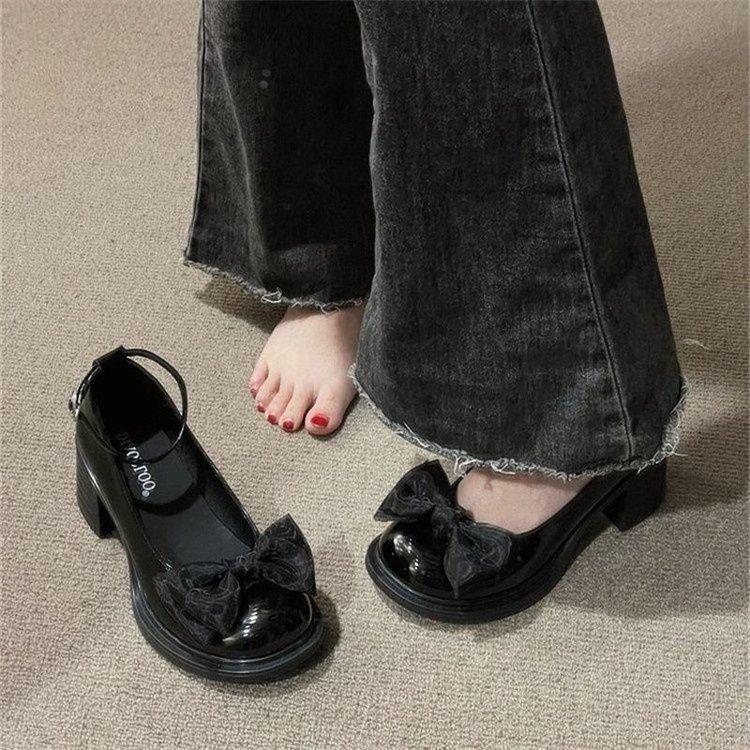 Fashion Comemore Chunky Heel Leather Mary Jane Shoes Spring and Autumn New Pumps Bow Retro High-heeled Shoes for Women Fashion Loafers