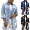 Womens Turn Down Collar Destroyed Mid Length Jeans Coats Casual Ladies Denim Jackets