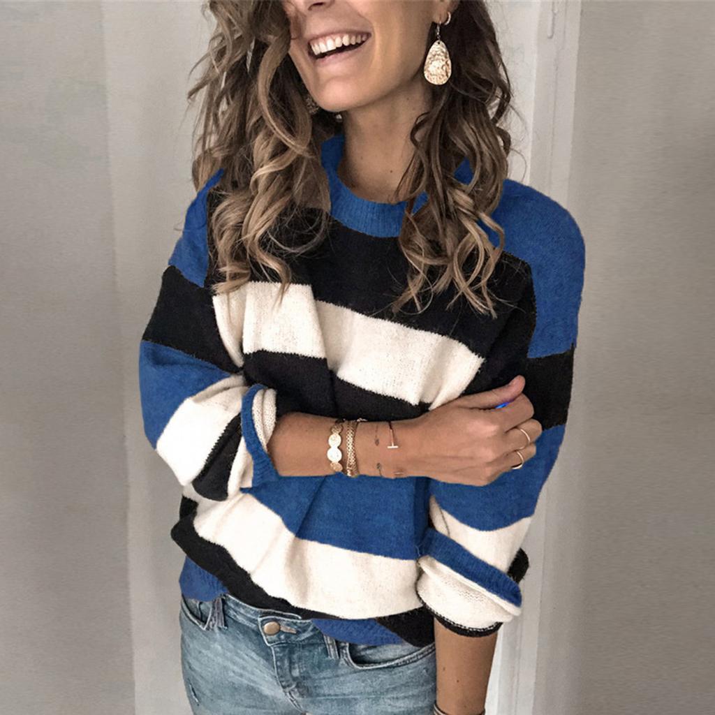 Fashion Women Long Sleeve Striped Print Casual Knitted Loose Sweater Top