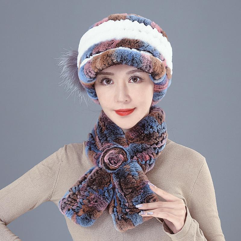 Шапка-шарф из меха кролика Рекс, два комплекта для пожилых женщин, женщин, осени, зимы, матери, бабушки