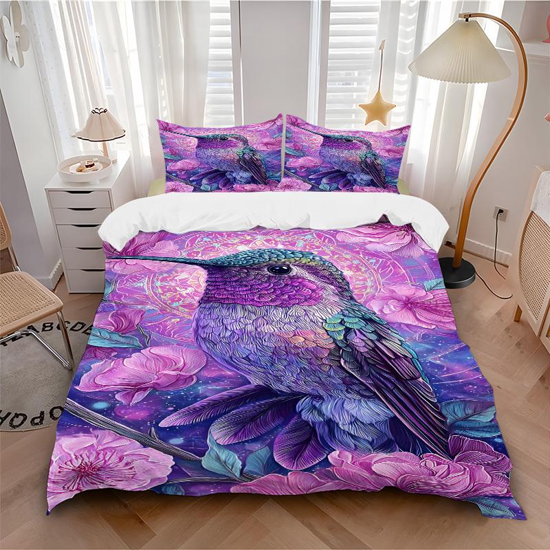 3pc Hummingbird Flowers Cover Set - 1 Quilt Cover + 2 Pillowcases, All Seasons Bedroom Setting, Perfect for Home018
