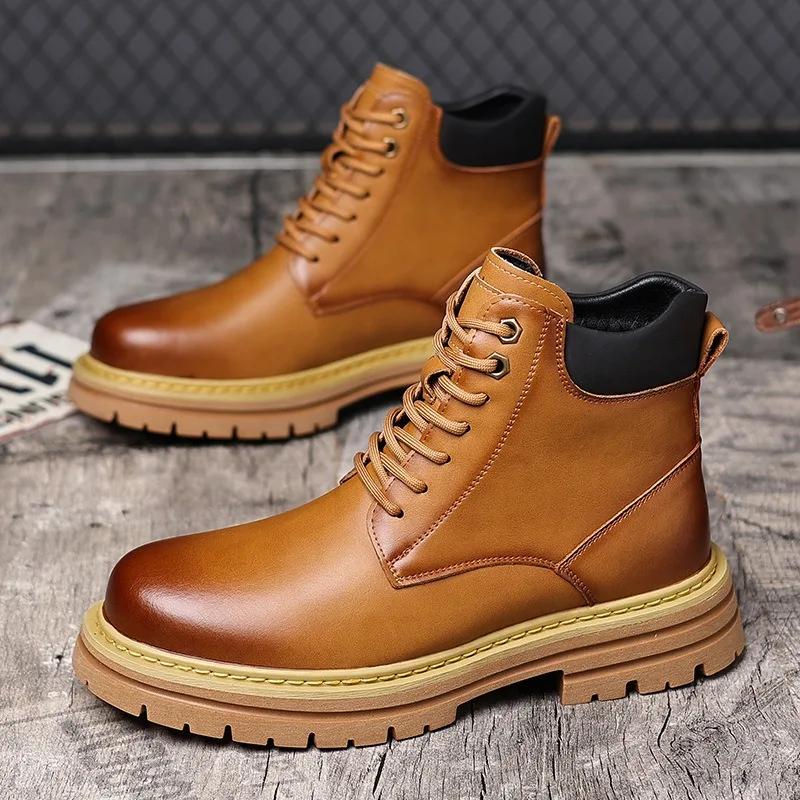 FashionRetro Leather Non-slip Platform Boots for Men Designer Soft-soled Autumn Winter Men's Shoes Fashion  Casual Male Work Boots