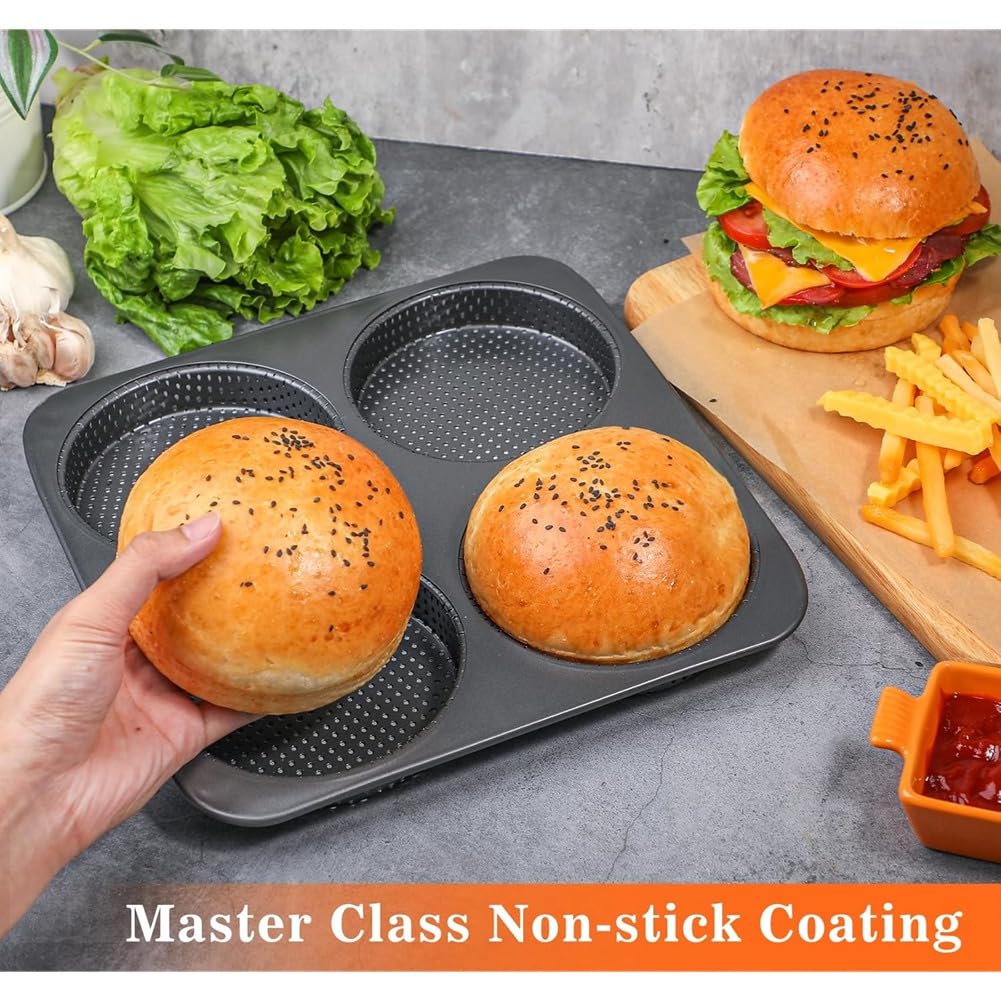 Large 5 Inch Hamburger Bun Pan Set of 2 Heavy Gauge Carbon Steel Nonstick Bakeware for Homemade Burger Buns Easy Release Muffin Top Tray for Baking