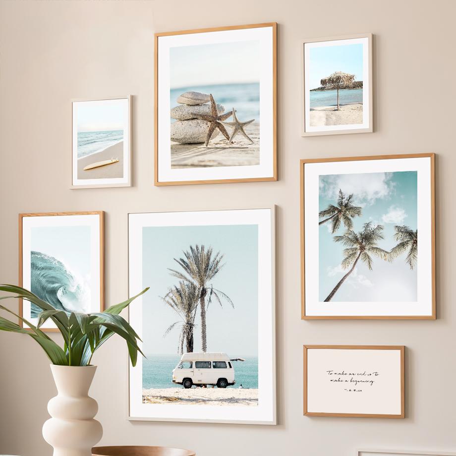 Настенная картина на холсте, синий океан, тропический пляж, фургон, якорь, птица, плакаты на скандинавскую тему и принты, настенные панно для декора гостиной