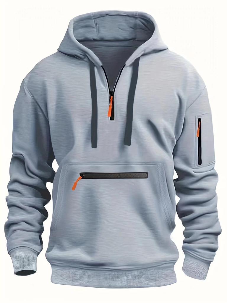 Men's Fleece-Lined Hooded Sweatshirt with Zipper and Multi-Pocket Design for Autumn/Winter Casual Sports Fashion