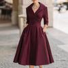 Women's Lapel V Sleeve A Line Neck Work Dress Long Swing Dress Formal Business