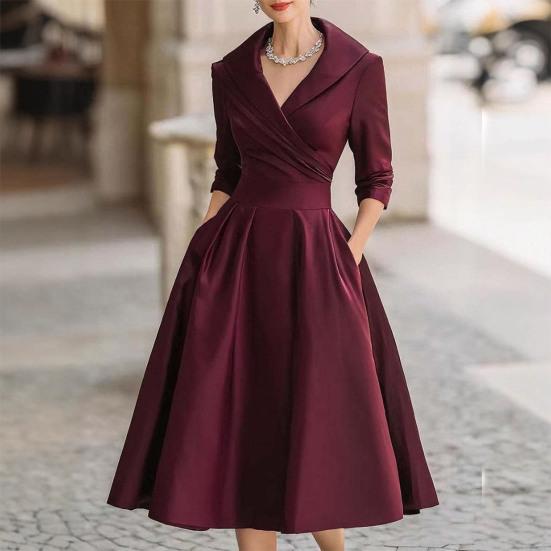Women's Lapel V Sleeve A Line Neck Work Dress Long Swing Dress Formal Business