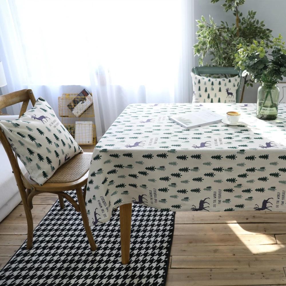 Tablecloth Fresh Green Tree Fawn Washable Coffee Dinner Comfortable Table Cloth For Christmas Wedding Banquet