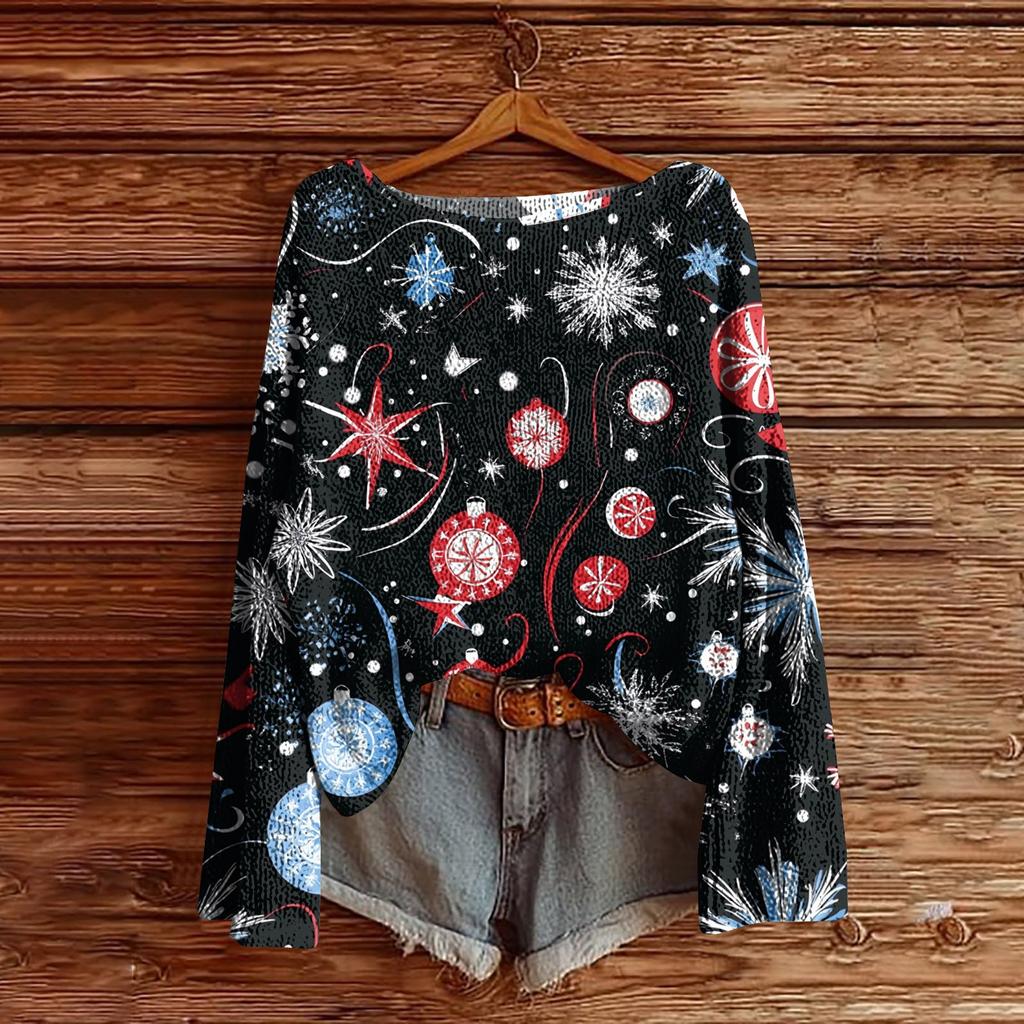 Women's Christmas Print Lightweight Sweater Casual Long Sleeve Knitted Pullover
