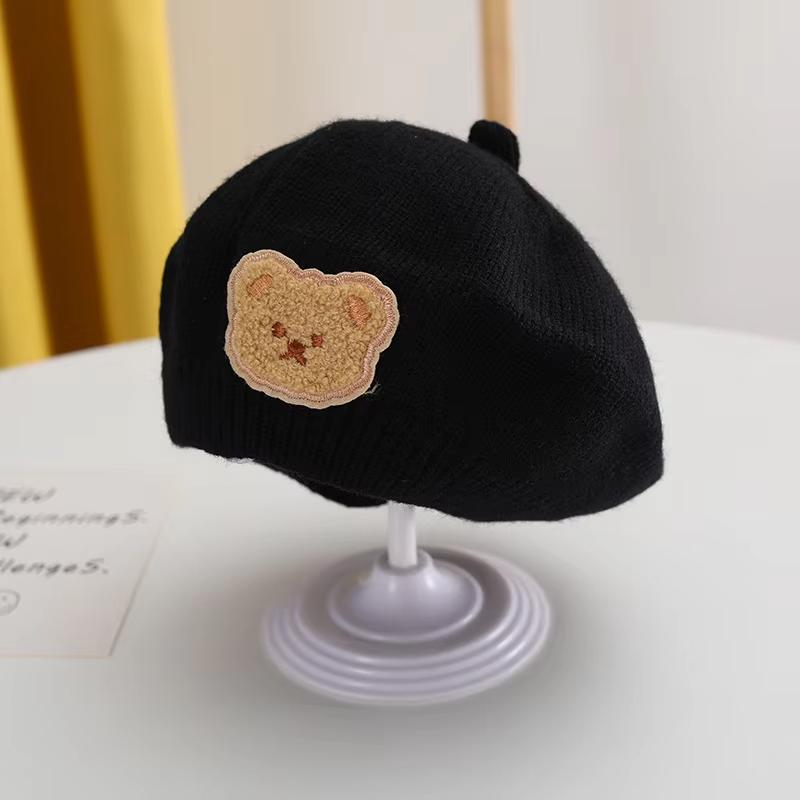 Зимний вязаный берет для малыша, милая мультяшная шапка художника с медведем для младенца, осенне-зимняя теплая шерстяная детская шапка художника