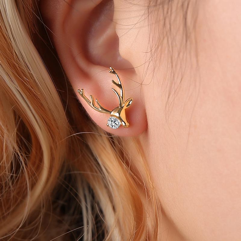 Vintage Fashion Elk Deer Stud Earrings For Women Girls Gold Color Zirconia Christmas Earrings Xmas Jewelry Gift Ear Accessories