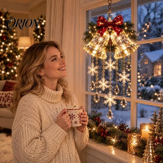 Winter Holiday Decorations Christmas Bell Chandelier, Lighted Deer Hanging Decoration with Cascading LED Strands, Snowflake Festive Ceiling Ornaments