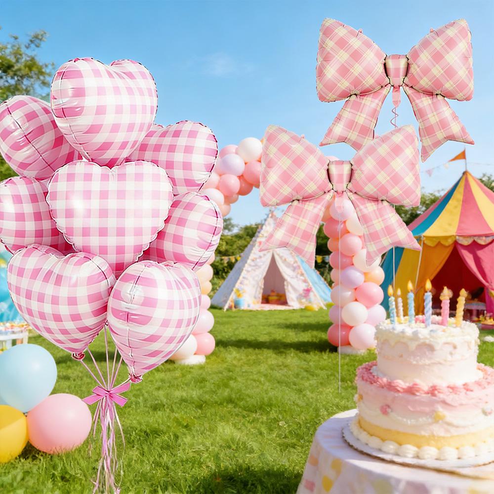 38inch Pink Plaid Bow Ties, 2 Pieces 18inch Peach Heart Plaid Patterns, 8 Pieces + Ribbons, Foil Balloons, Suitable for Birthday Parties, Va