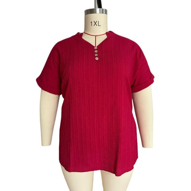 Simple V Neck Casual Summer Blouse Large Size Short Sleeve Fashion Elegant Buttons Shirts Ladies Solid Color Office Tops Elegant Sweet Clothing