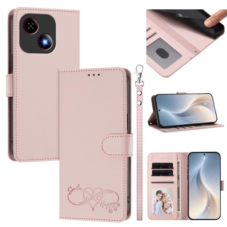 Happy Heart Pattern Magnetic Closure Vegan Leather Phone Case With Wrist Strap For ZTE Blade A56 4G