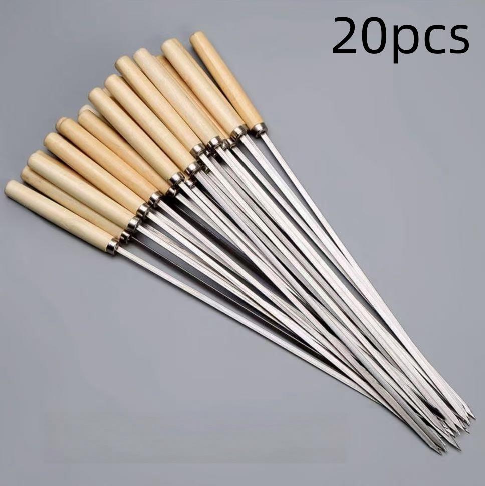 5/10pcs Wooden Handle Anti-Scalding Barbecue Skewers Can Be Reused 304 Stainless Steel Metal Barbecue Skewers Wide Skewers