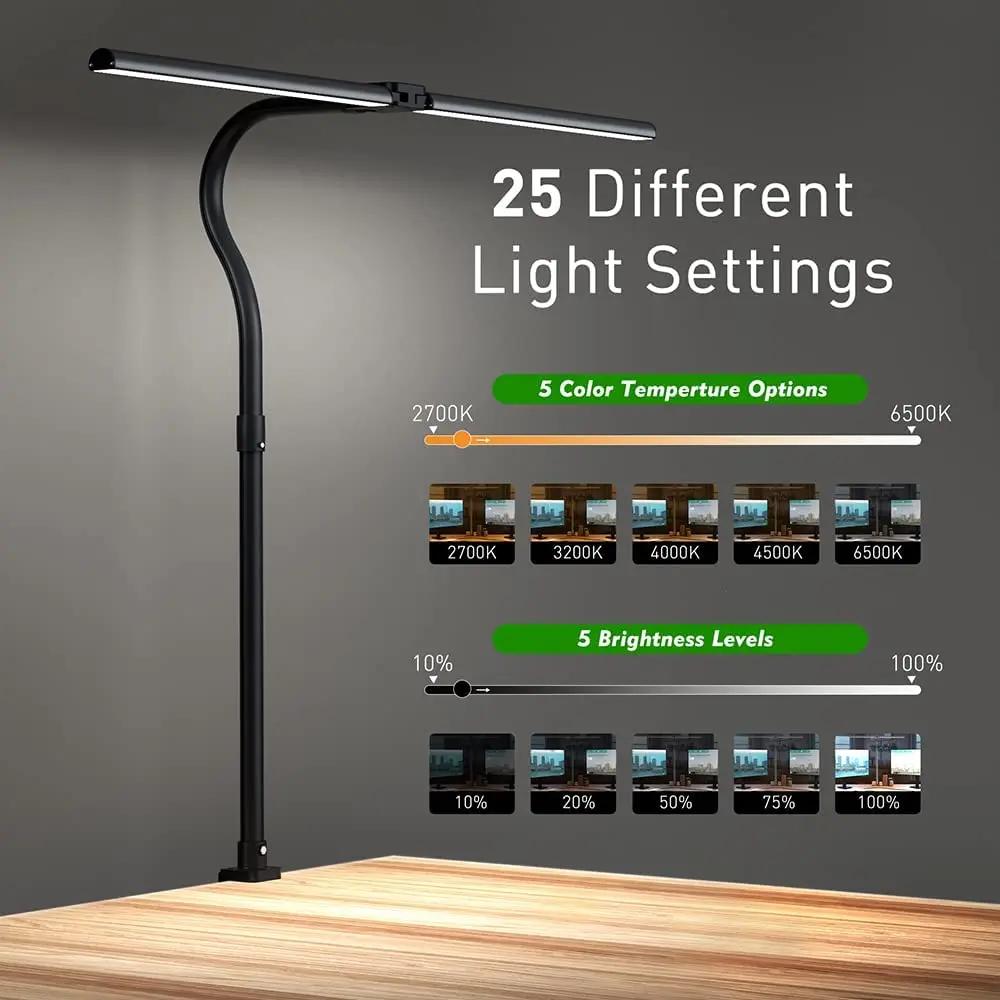 LED Double Head Reading Desk Lamp 24W Foldable Swing Arm Desk Lamp with Clip Dimmable for Workstation PC Eye Protection Office