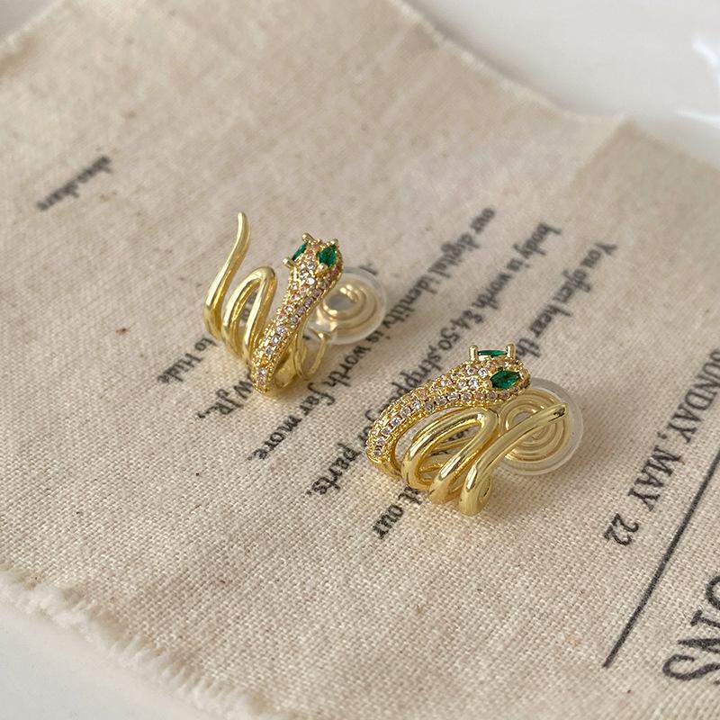 No ear piercings, golden snake-shaped ear clips, high-end slightly inlaid zircon stud earrings, women's cold niche light luxury temperament earrings
