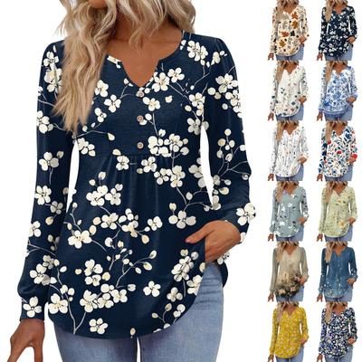 Женская модная повседневная блузка с V-образным вырезом на пуговицах, с длинным рукавом, пуловер, футболка, топ