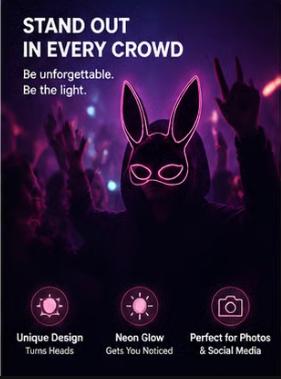 LED Light Up Bunny Rabbit Mask – Half Face Glowing Masquerade Mask for Halloween, Rave, Club & Party