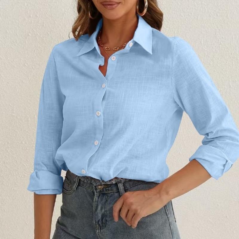 Рубашка однотонная свободная с длинными рукавами и лацканами, повседневная женская рубашка для поездок на работу