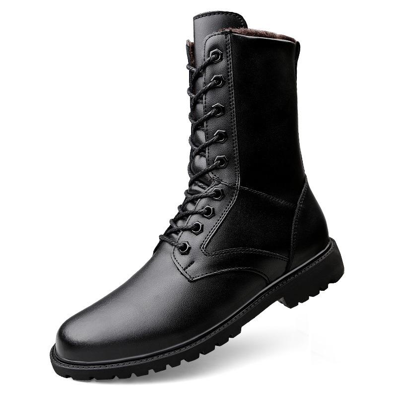 Cotton High-top Tall Cowhide Martin Boots Flat-bottomed Round Boots Work Outdoor Lace-up Side Zipper Hollow Boots Men