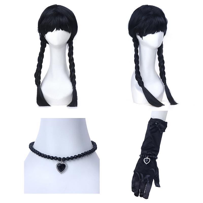 1 комплект костюмов для косплея Wednesday Addams, парики, ожерелье, серьги, браслет, перчатки, взрослые, детские платья, костюмы для вечеринки на Хэллоуин