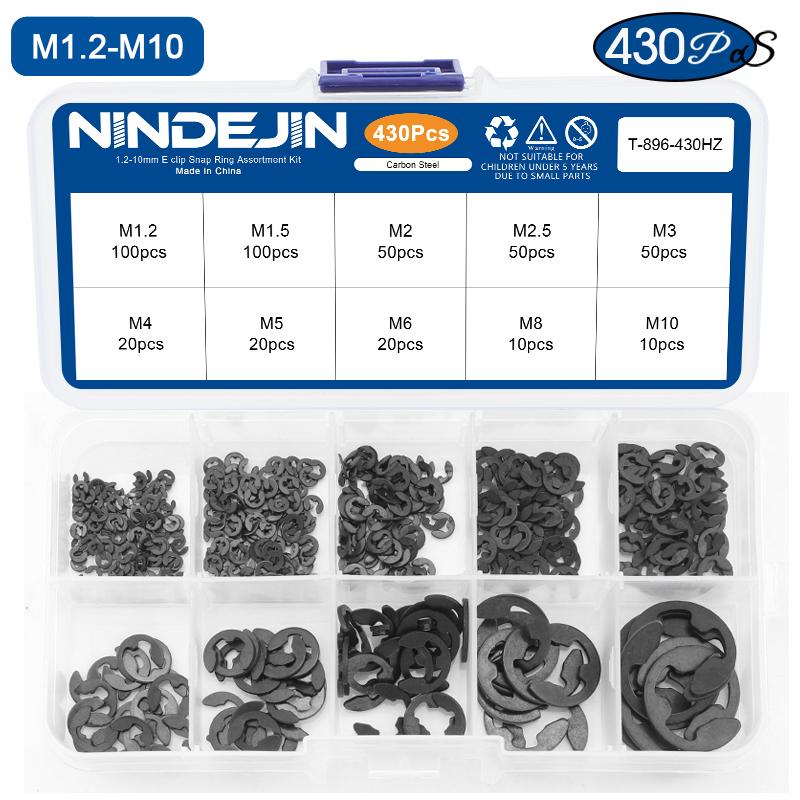 NINDEJIN 430pcs e-clip Assortment Kit M1.2-M10 Stainless Steel Carbon Steel Snap Ring Washer E-shaped External Retaining Ring