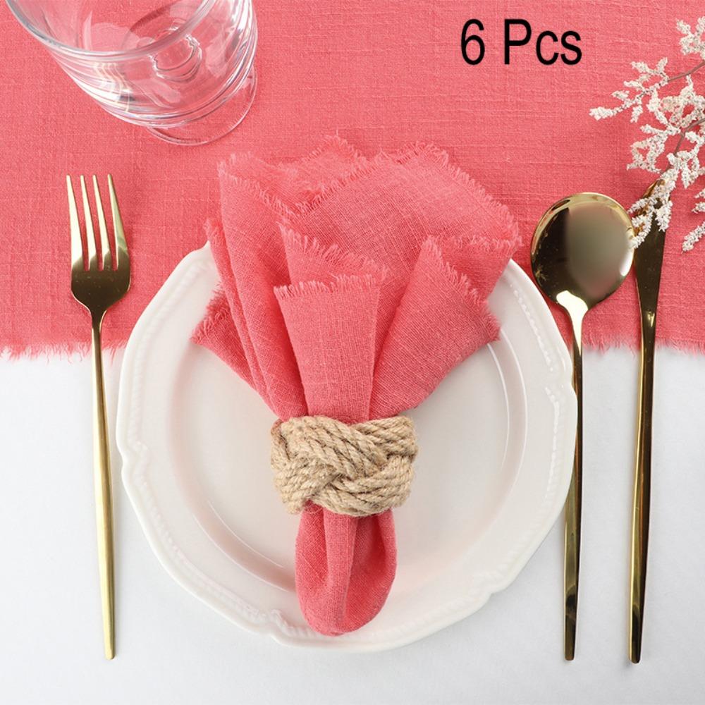 6PCS Rustic Style Burr Edge Cotton Napkin Tassel Design Gauze Tea Towel Wedding