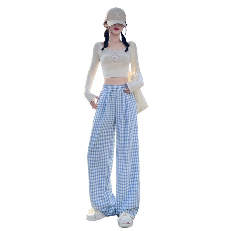 Women's Summer Dopamine Relaxed Lazy Thin High-End Contrast Color Plaid Straight-Leg Drapey Casual Wide-Leg Pants