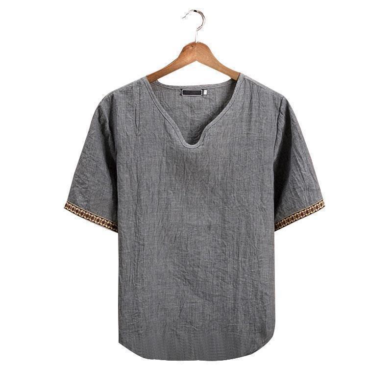 Мужская летняя корейская футболка из хлопка и льна с V-образным вырезом и коротким рукавом — дышащая, универсальная, модная, с коротким рукавом для больших размеров