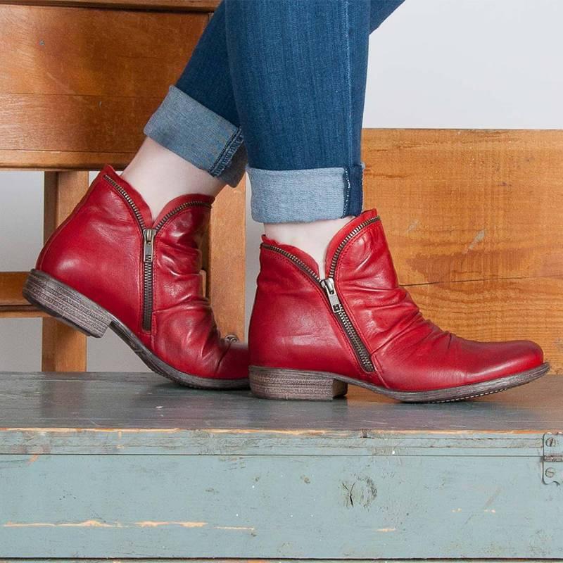 Women's Fashion Chunky Low Heel Zipper Ankle Boots Solid Color Faux Leather Short Boots Casual Flats Autumn and Winter Ladies Slip On Shoes
