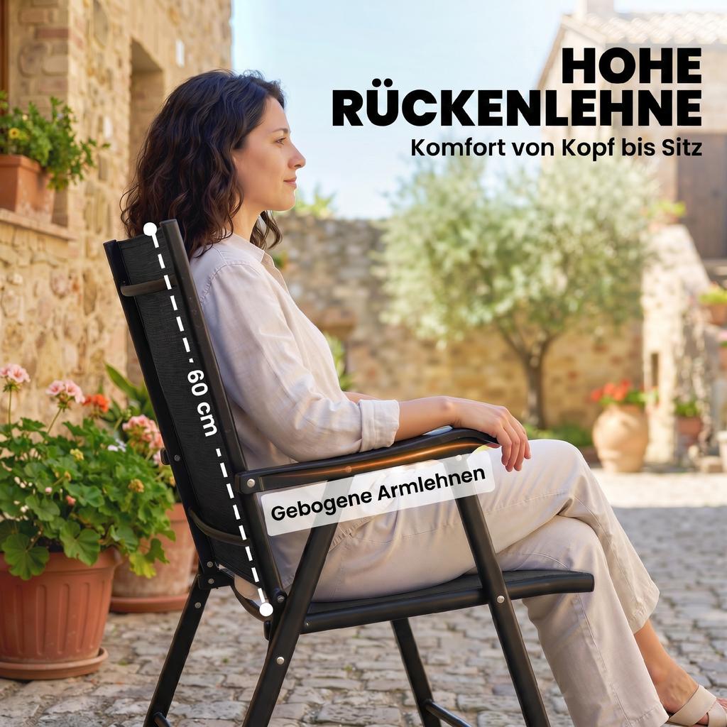 Folding Garden Chairs Set of 2, Foldable Garden Dining Chairs with High Back, Armrests, Texteline Seat, Black