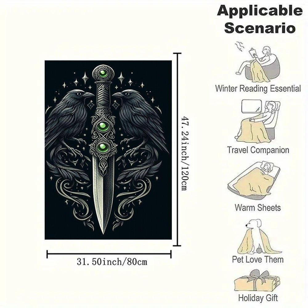 "Raven & Sword: Mystical Tattoo Design Art Print"Blanket Flannel Throw Blanket for Sofa, Bed, Travel, Camping, Office, Couch, Chair, And Bed
