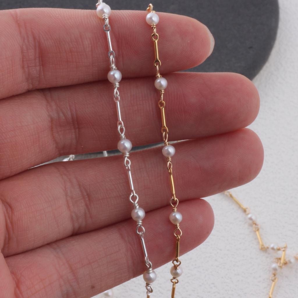 14K Gold Filled Link and Bar Chain Beaded 3-3.5mm Fresh Water Pearls for Permanent Jewelry Making Necklace Bracelet Accessories