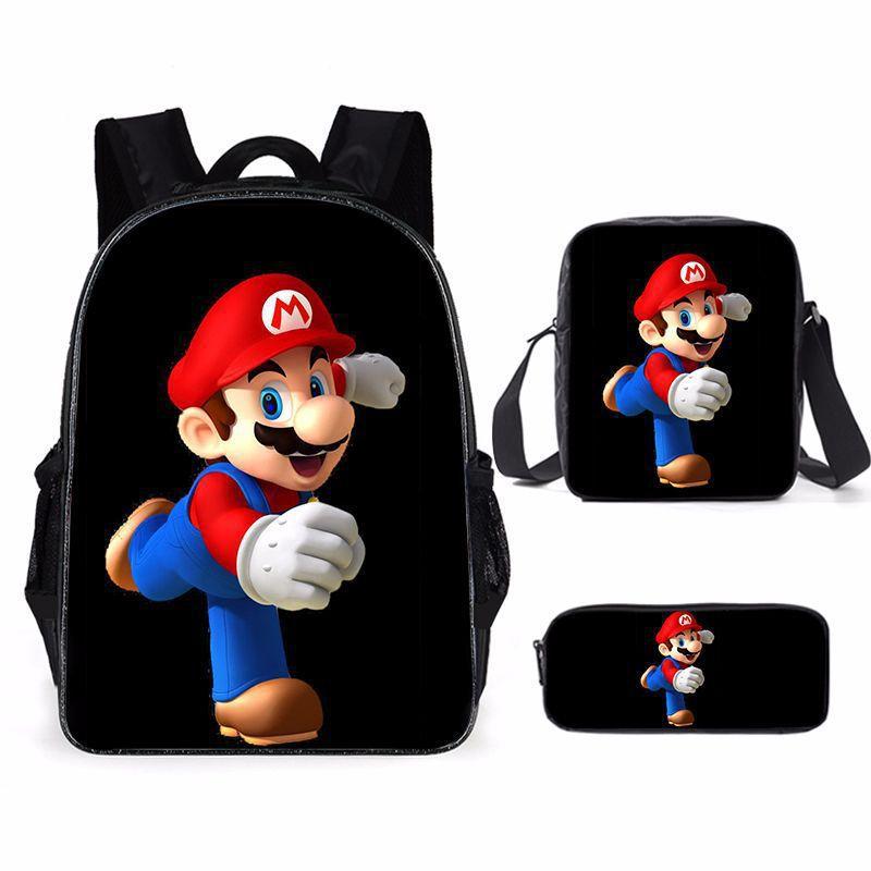 Mario Cartoon Backpack Set 3-in-1 Student Laptop Backpack Shoulder Bag Pencil Case Kids School Bag