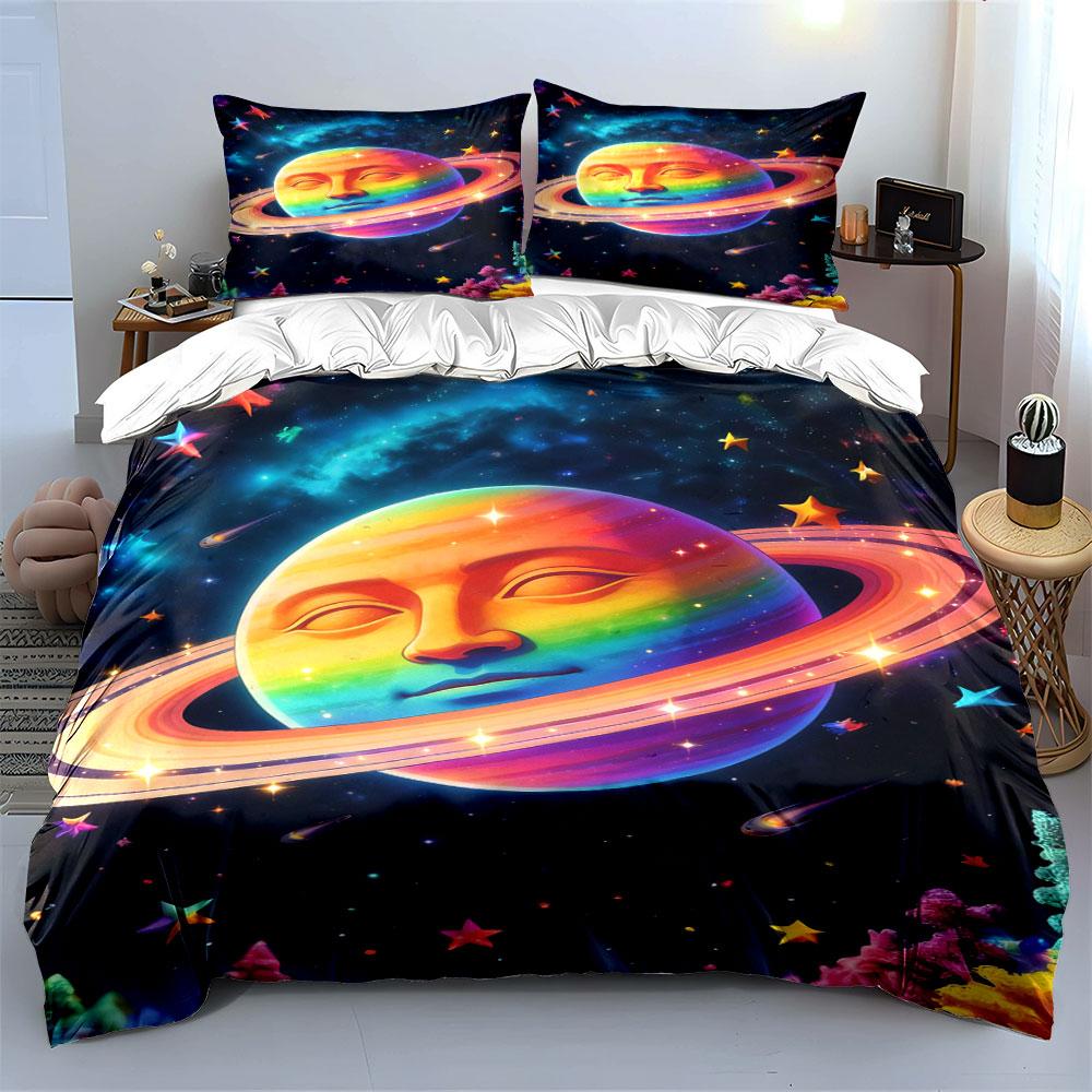 Rainbow planet with face. Bedding sets Duvet cover sets Duvet covers Pillowcases(1* Duvet Cover 2* Pillowcases without duvet insert)