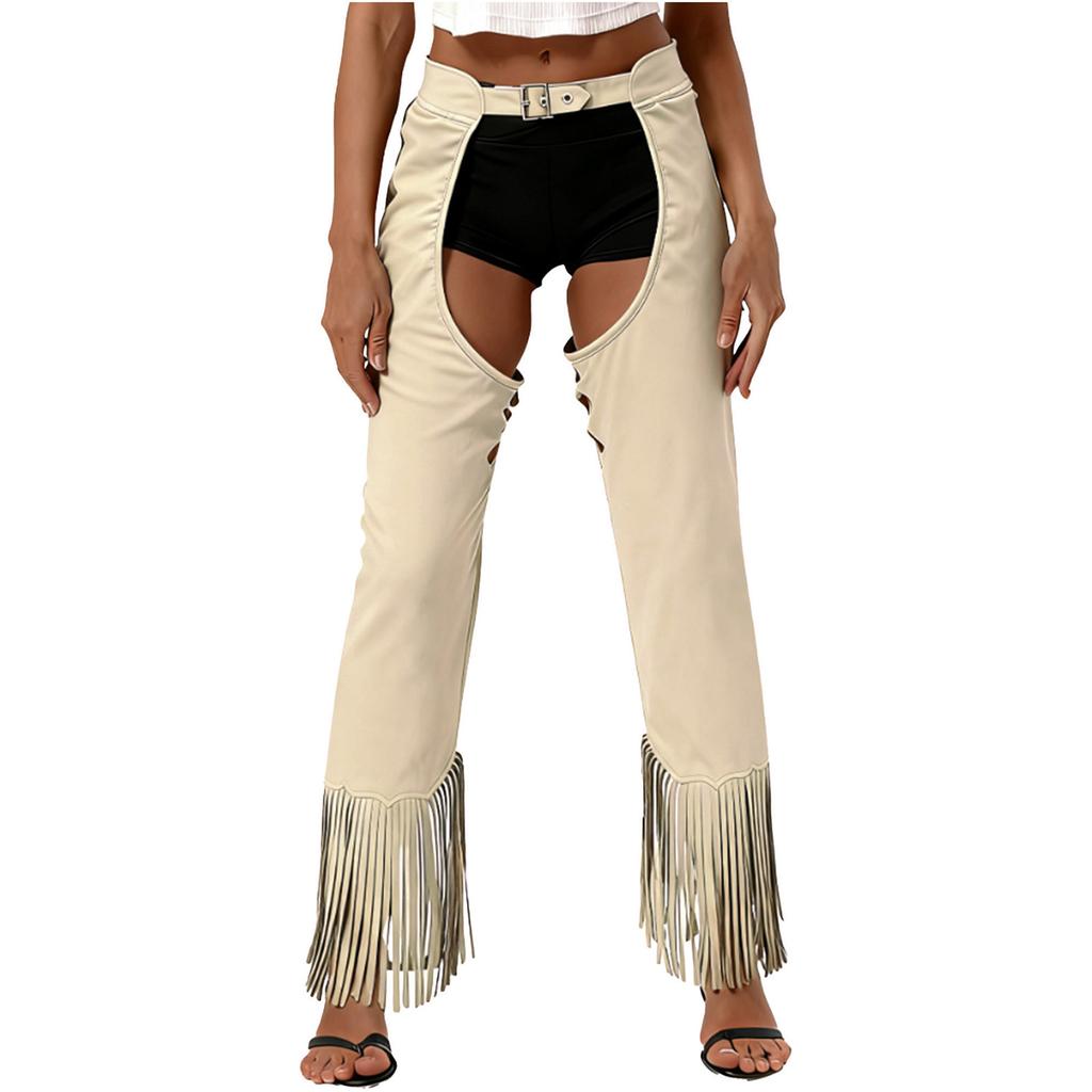 Womens Suede Cowgirl Chaps Fringe Split Open Crotch Adjustable Buckles Pants Vintage Costume