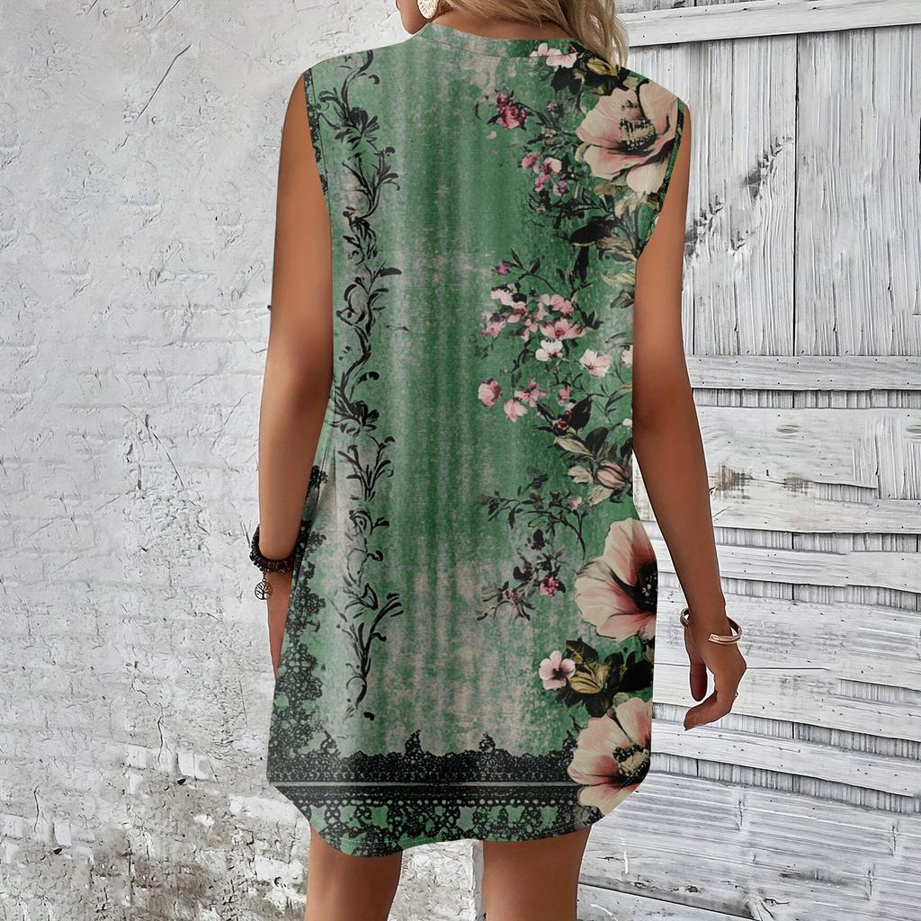 Women's Casual And Fashionable Round-neck Sleeveless Printing Mid Length Dress