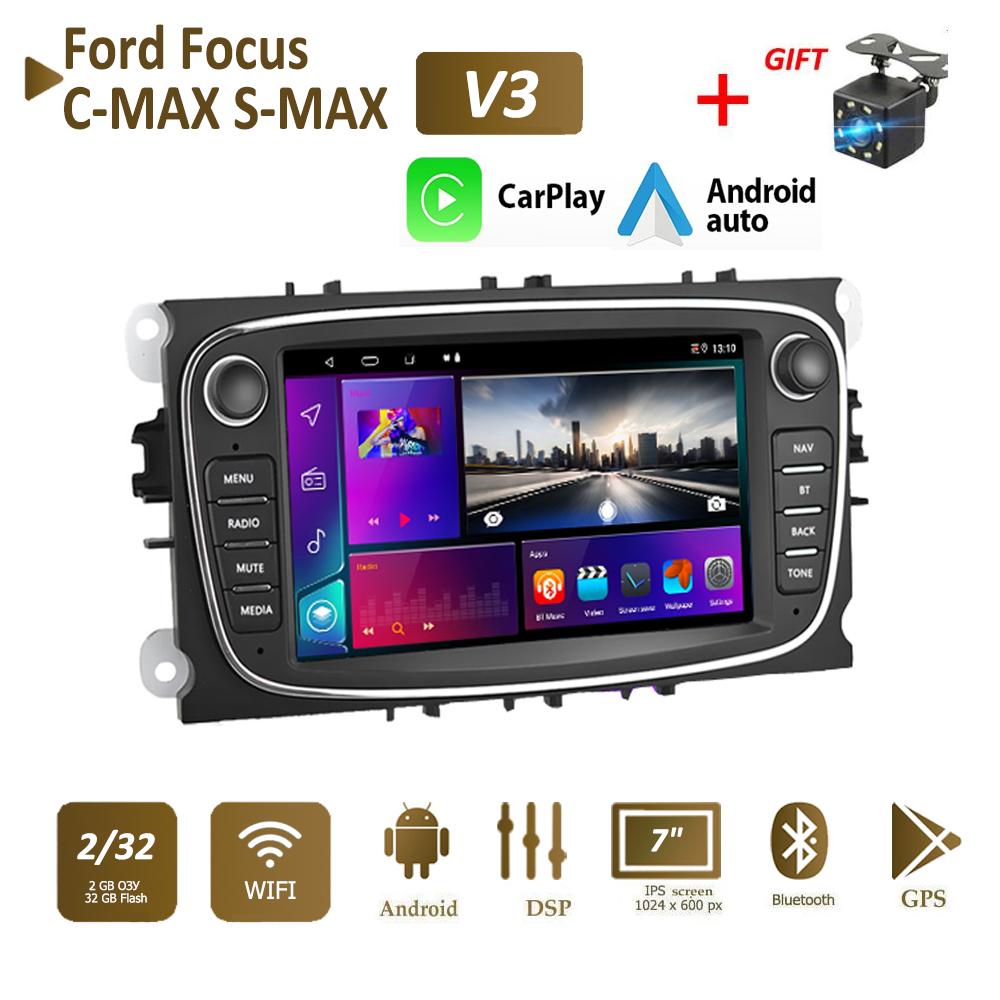 2 DIN Carplay Auto Radio Android Car Multimedia Video Player For Ford Focus Mondeo C-MAX S-MAX Galaxy II Kuga 7" HD Screen Mirror Link GPS 2+32GB