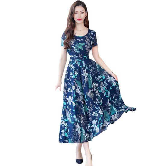 Женское летнее платье с цветочным принтом, пляжное платье длиной до середины икры с узкой талией, короткими рукавами, круглым вырезом, платье А-силуэта для вечеринки в отпуске
