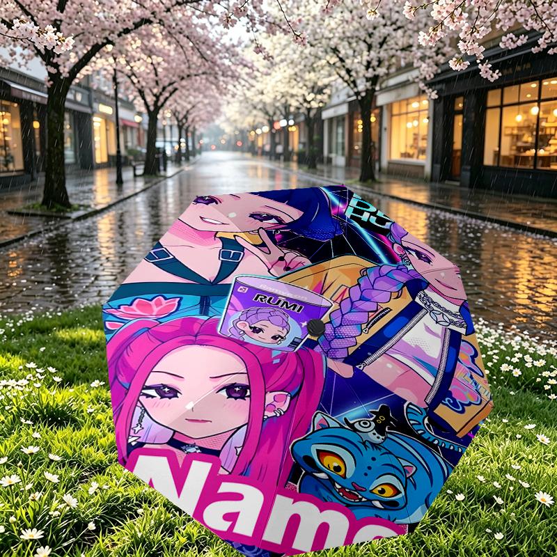 Custom Name Personalized KPop Demon Hunters Print Umbrella, Auto Open Close, 8‑Rib Sturdy Frame, Commute Camping Hiking Use, Birthday Gift