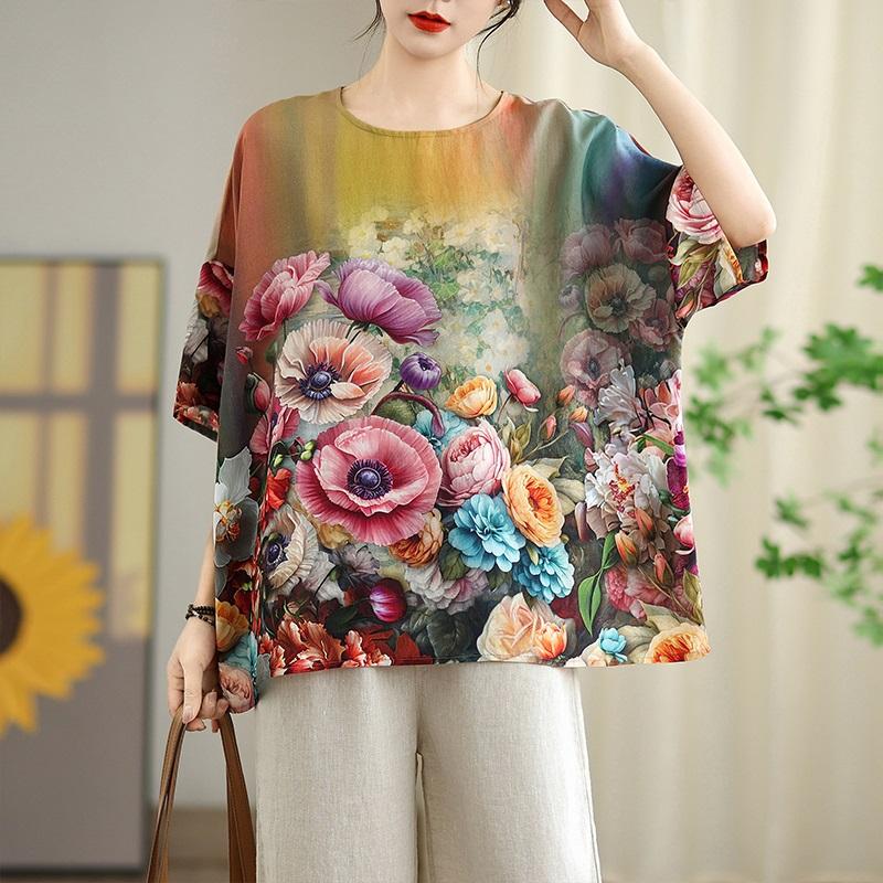 Короткий рукав, свободная винтажная футболка с цветочным принтом, повседневная, свободная, женская летняя футболка