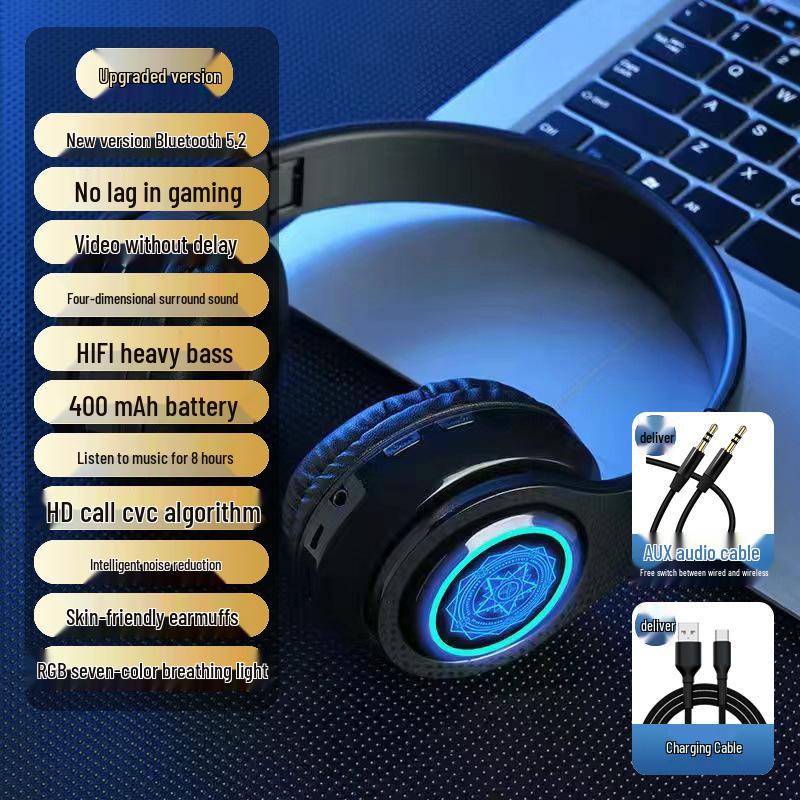 Беспроводные полноразмерные Bluetooth-наушники с шумоподавлением, светодиодным дизайном для мужчин и женщин, идеально подходят для бега и использования с ноутбуком.