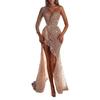 Women Elegant One Long Sleeves Sequins Mesh Hollow Out Bride Bridesmaids Wedding Long Dress Gorgeous Party Maxi Ball Gowns